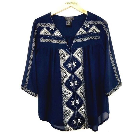 MM Couture by Miss Me Midnight Blue Art Deco Style Beaded Blouse Size Small - Picture 1 of 13